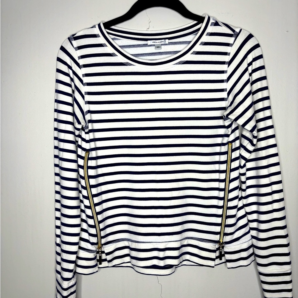Stella & Dot nautical blue white stripe top tee 3/4 sleeve size S  zipper detail